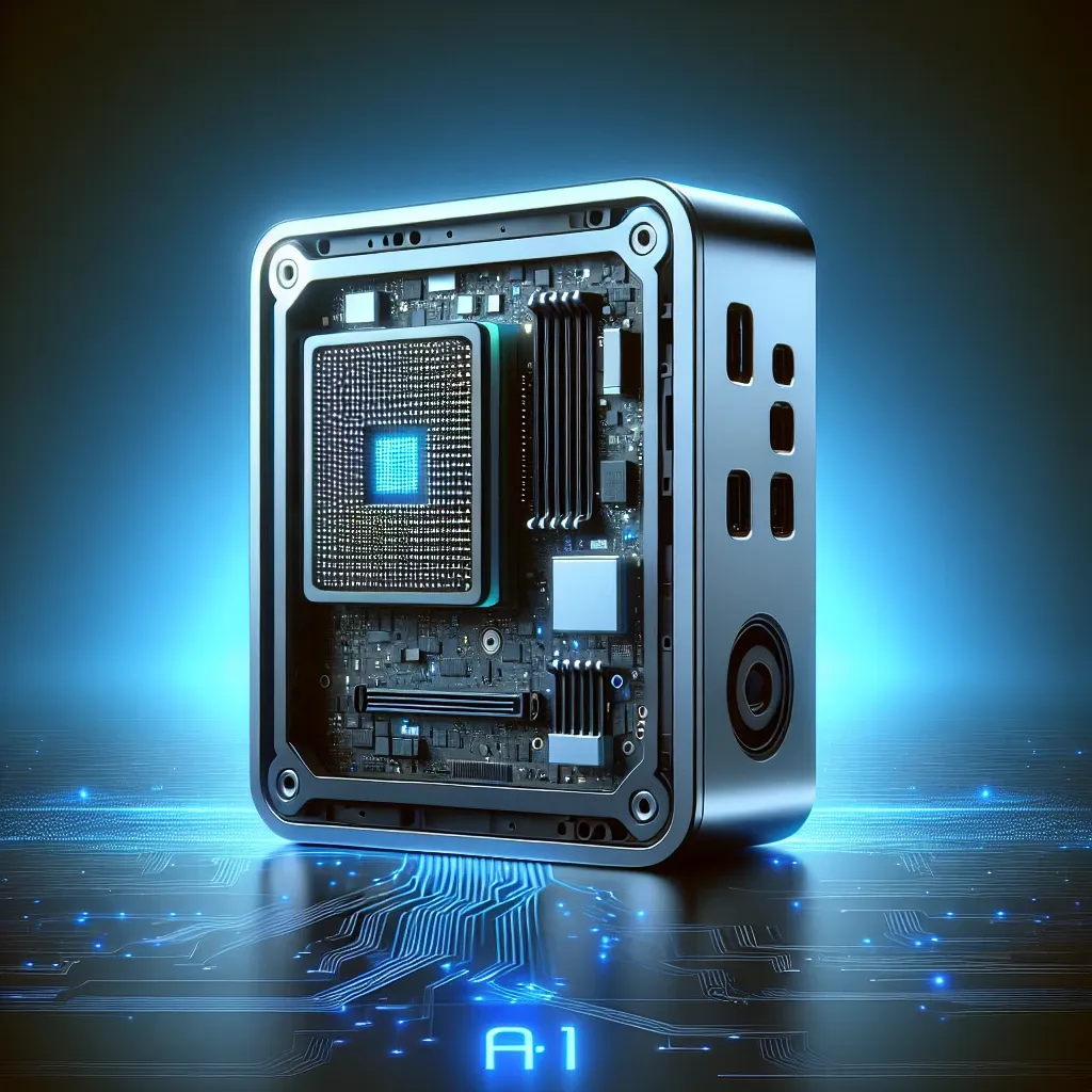 "Mini PC Sapphire Edge AI dengan prosesor Ryzen AI 300, menampilkan desain kompak dan modern, ideal untuk performa tinggi dan efisiensi energi, cocok untuk aplikasi AI dan komputasi ringan."