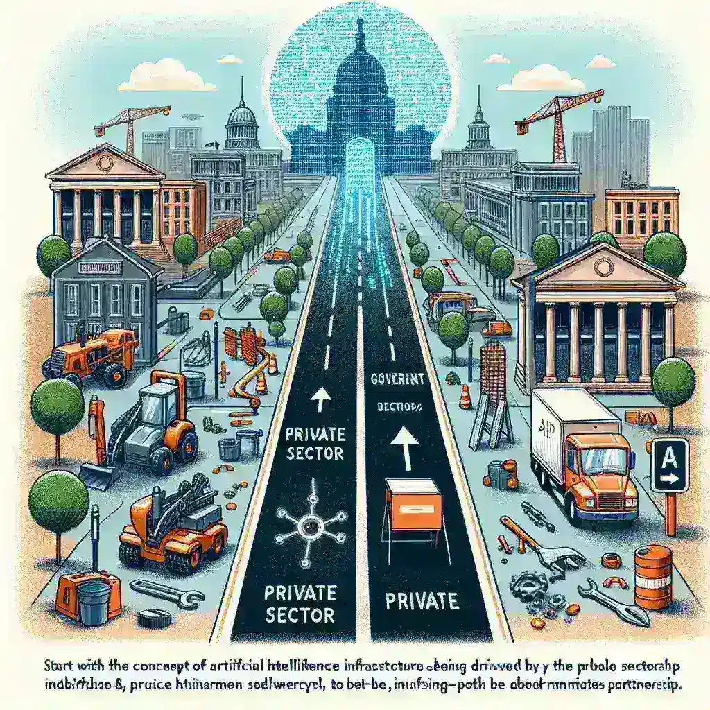 "Diagram menunjukkan model kemitraan publik-swasta dalam pengembangan infrastruktur AI, menyoroti kolaborasi antara sektor publik dan swasta untuk inovasi teknologi."