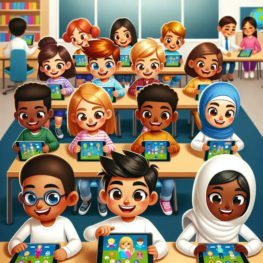 "Illustration of students engaging in game-based learning activities to enhance character education, showcasing interactive technologies in an educational setting."